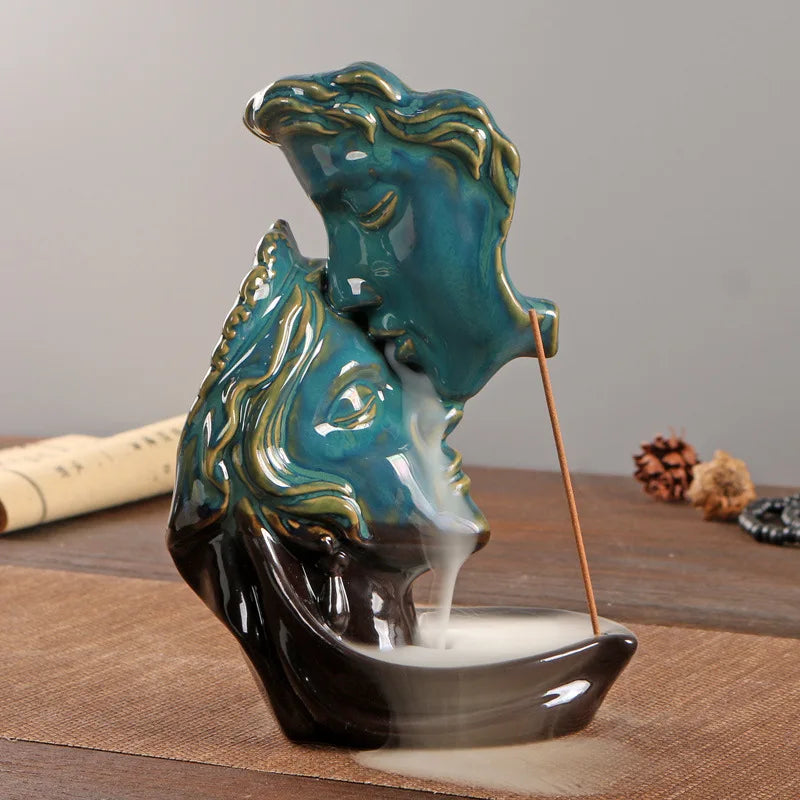 Ceramic Kiss Deep Blue Backflow Incense Burner, Home Decoration Accessories Aroma Diffuser Backflow Incense Stand