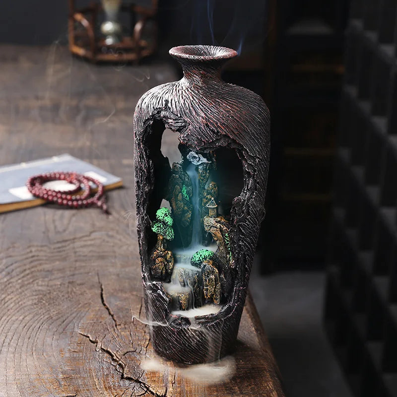 Resin World Wonderland Backflow Aromatherapy Stove, High Mountains Flowing Water LED Colored Light Backflow Aromatherapy Stand